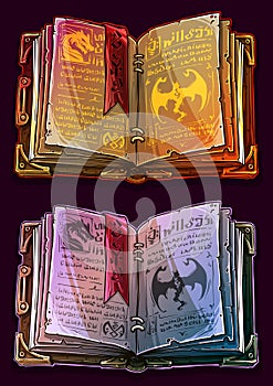 Cartoon colorful open magic spell books set