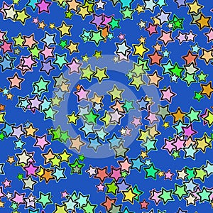 Cartoon colorful overlapping stars seamless pattern on night blue background