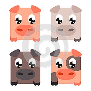 Cartoon colorful pig set on white background
