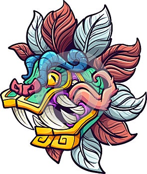 Cartoon colorful Quetzalcoatl Aztec god head with tongue sticking out