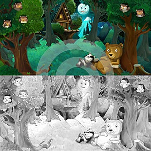 Cartoon colorful scene with animal friends resting under the tree - bear and badger - with coloring page