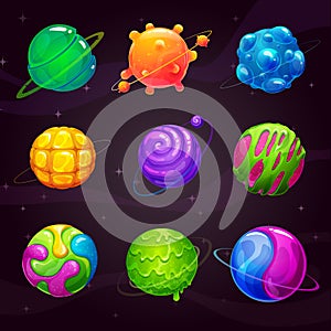 Cartoon colorful slime planets set. Fantasy alien slimy planet on the space background.