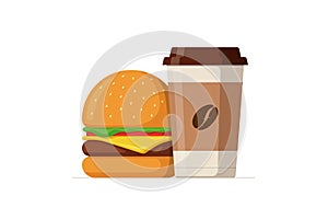 Cartoon colorful tasty burger and disposable paper coffee cup. Hamburger or cheeseburger with hot beverage. Fast food