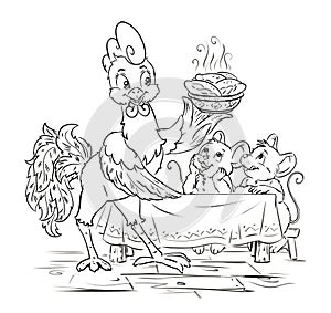 Cartoon coloring book illustration with fairy tale scene: rooster and two mice at the dinner table
