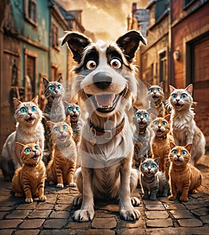 A Cartoon Comedy: A Dog with Collar Surrounded by a Street Gang of Cats