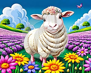 Cartoon comedy happy comic domestic sheep flower wreath farm field