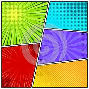 Cartoon comic backgrounds set. Comics book colorful poster with halftone elements. Retro Pop Art style. Vector