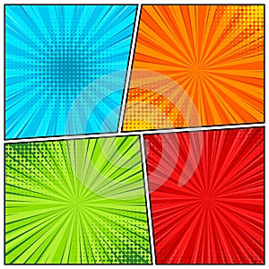 Cartoon comic backgrounds set. Comics book colorful poster with halftone elements. Retro Pop Art style. Vector