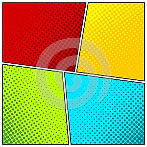 Cartoon comic backgrounds set. Comics book colorful poster with halftone elements. Retro Pop Art style. Vector