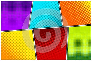 Cartoon comic backgrounds set. Comics book colorful poster with halftone elements. Retro Pop Art style. Vector