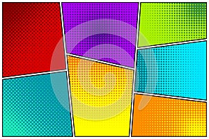 Cartoon comic backgrounds set. Comics book colorful poster with halftone elements. Retro Pop Art style. Vector