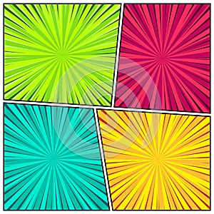 Cartoon comic backgrounds set. Comics book colorful poster with radial lines. Retro Pop Art style. Vector illustration.