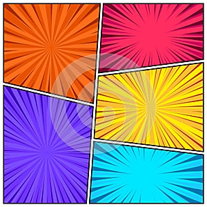 Cartoon comic backgrounds set. Comics book colorful poster with radial lines. Retro Pop Art style. Vector illustration.