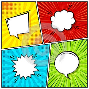 Cartoon comic backgrounds set. Speech bubble. Comics book colorful poster with halftone elements. Retro Pop Art style