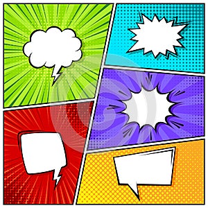 Cartoon comic backgrounds set. Speech bubble. Comics book colorful poster with halftone elements. Retro Pop Art style