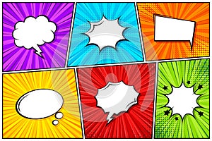 Cartoon comic backgrounds set. Speech bubble. Comics book colorful poster with halftone elements. Retro Pop Art style