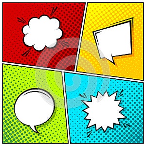 Cartoon comic backgrounds set. Speech bubble. Comics book colorful poster with halftone elements. Retro Pop Art style