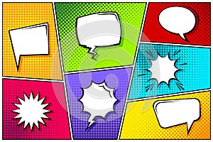Cartoon comic backgrounds set. Speech bubble. Comics book colorful poster with halftone elements. Retro Pop Art style