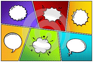 Cartoon comic backgrounds set. Speech bubble. Comics book colorful poster with halftone elements. Retro Pop Art style