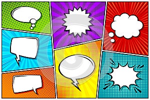 Cartoon comic backgrounds set. Speech bubble. Comics book colorful poster with halftone elements. Retro Pop Art style photo