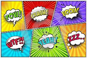 Cartoon comic backgrounds set. Speech bubble. Comics book colorful poster with halftone elements and text. Vector