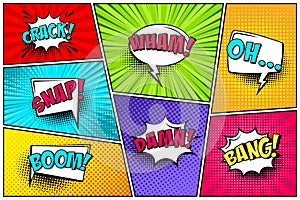 Cartoon comic backgrounds set. Speech bubble. Comics book colorful poster with halftone elements and text. Vector