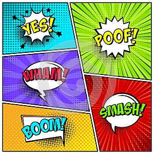 Cartoon comic backgrounds set. Speech bubble. Comics book colorful poster with halftone elements and text. Vector