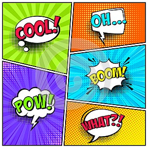 Cartoon comic backgrounds set. Speech bubble. Comics book colorful poster with halftone elements and text. Vector