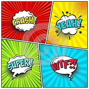 Cartoon comic backgrounds set. Speech bubble. Comics book colorful poster with halftone elements and text. Vector