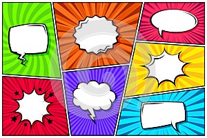 Cartoon comic backgrounds set. Speech bubble. Comics book colorful poster with radial lines. Retro Pop Art style. Vector