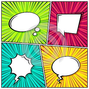 Cartoon comic backgrounds set. Speech bubble. Comics book colorful poster with radial lines. Retro Pop Art style. Vector