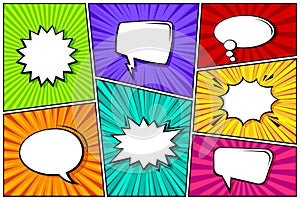 Cartoon comic backgrounds set. Speech bubble. Comics book colorful poster with radial lines. Retro Pop Art style. Vector