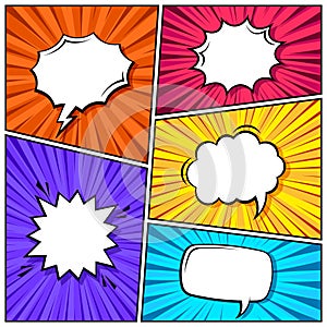 Cartoon comic backgrounds set. Speech bubble. Comics book colorful poster with radial lines. Retro Pop Art style. Vector