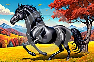 Cartoon comic book black race horse racing open country sunshine
