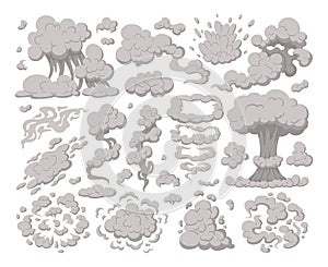 Cartoon comic book dust clouds, smoke puff stream cloud elements. Steaming dust, cloud puffs silhouettes vector symbols
