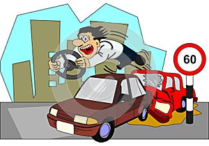 Cartoon comic car driver broke windshield when accident happen as he is not wearing seat safety belt concept
