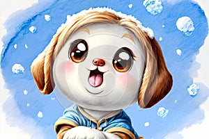 Cartoon comic child smile creature winter snow puppy singer music watercolor clipart