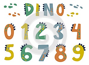 Cartoon comic Dino numbers alphabet on a white background in fun childish style. Bright modern digits illustration for