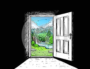 Cartoon Comic of Door to Nature Freedom