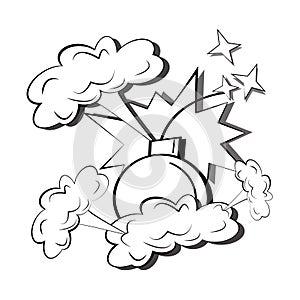 Cartoon comic explosions with clouds of smoke, sparks, a bomb and a speech bubble template for text. Pop art illustration of a big