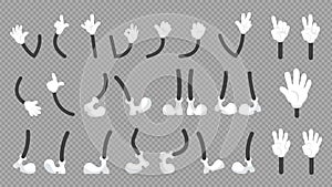 Cartoon comic legs and hands. Simple graphic, cute arm in white gloves and feet in boots or shoes. Isolated different