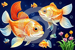 Cartoon comic live smile goldfish gold fish swimming vegetation flower water