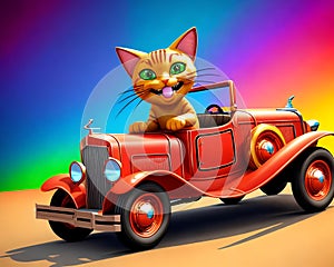 Cartoon comic pussy cat smile vintage car classic roadster beater