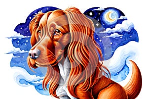 Cartoon comic red irish setter dog cosmos sky watercolor art