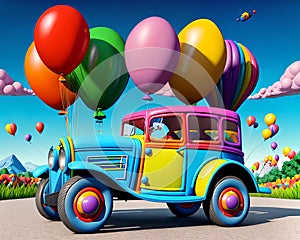 Cartoon comic retro jeep carnival balloon car auto psychedelic color