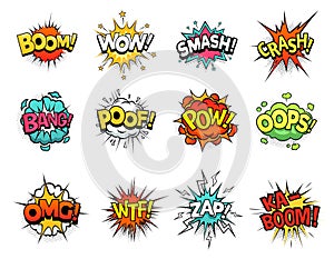 Cartoon comic sign burst clouds. Speech bubble, boom sign expression and pop art text frames vector set photo