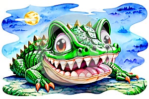 Cartoon comic smile alligator crocodile teeth reptile watercolor art