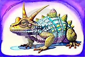 Cartoon comic smile armor horned toad creature watercolor artist drawing