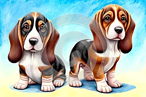 Cartoon comic smile basset hound puppy dog watercolor artist drawing portrait