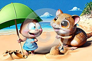 Cartoon comic smile beach umbrella summertime family seashore toddler fun